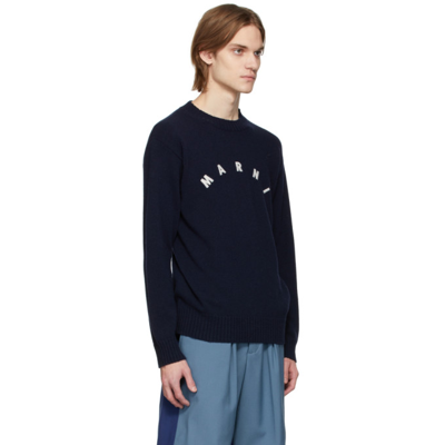 Shop Marni Navy Embroidered Logo Sweater In 00b99 Blue Black