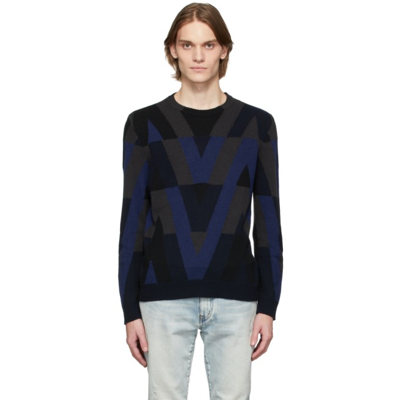 Shop Valentino Black & Navy Optical Sweater In V Optical Navy + Ner
