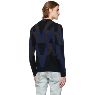 Shop Valentino Black & Navy Optical Sweater In V Optical Navy + Ner