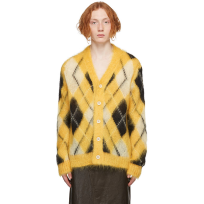 Shop Marni Yellow Iconic Mohair Argyle Cardigan In Agy56 Yello