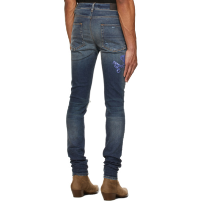 Shop Amiri Indigo Old English Logo Jeans In Deep Classic