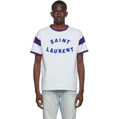 Shop Saint Laurent Off-white '' Logo T-shirt In 9582 Dirty Ecru/blue