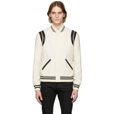 Shop Saint Laurent Off-white Teddy Two-band Bomber Jacket In 9502 Naturel