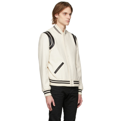 Shop Saint Laurent Off-white Teddy Two-band Bomber Jacket In 9502 Naturel