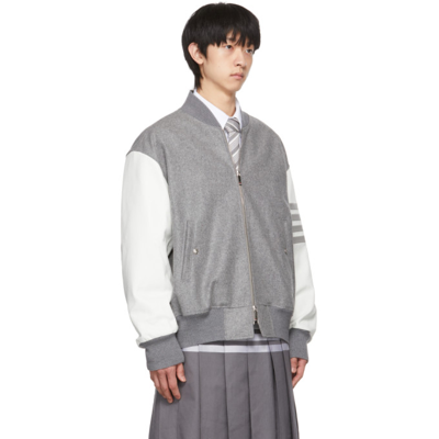 Shop Thom Browne Grey Wool 4-bar Melton Bomber Jacket In 035 Med Grey