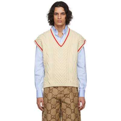 Shop Gucci Off-white Cable Knit Vest In 9118 Ivory/red