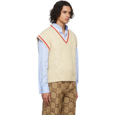 Shop Gucci Off-white Cable Knit Vest In 9118 Ivory/red