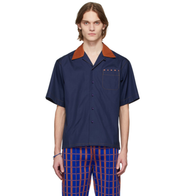 Shop Marni Navy Bowling Short Sleeve Shirt In Lob99 Blublack*