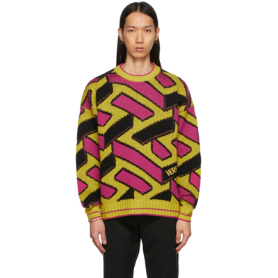 Shop Versace Yellow & Pink La Greca Sweater In 5y010 Yellow/multi