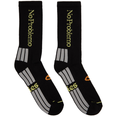 Shop Aries Three-pack Black 'no Problemo' Socks In Black/white/green