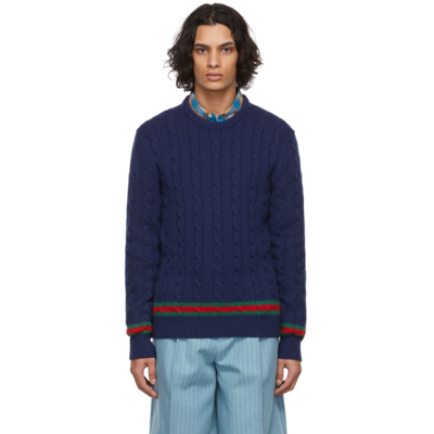 Shop Gucci Navy Cable Sweater In 4684 Inchiostro/mc