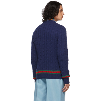 Shop Gucci Navy Cable Sweater In 4684 Inchiostro/mc