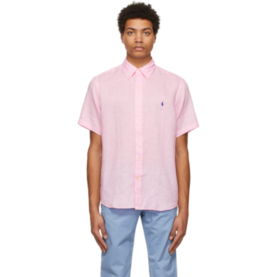 Shop Polo Ralph Lauren Pink Linen Classic Short Sleeve Shirt In Carmel Pink