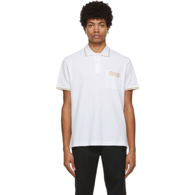 Shop Versace Jeans Couture White Logo Polo In Eg03 White + Gold