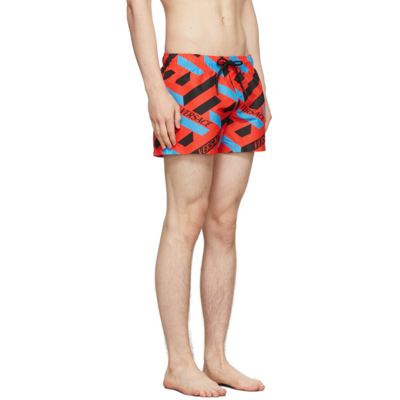 Shop Versace Red & Black Monogram Swim Shorts In 5r080 Red