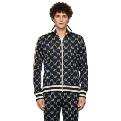 Gucci Navy Blue GG Jacquard Cotton Rib Knit Trimmed Jacket XL