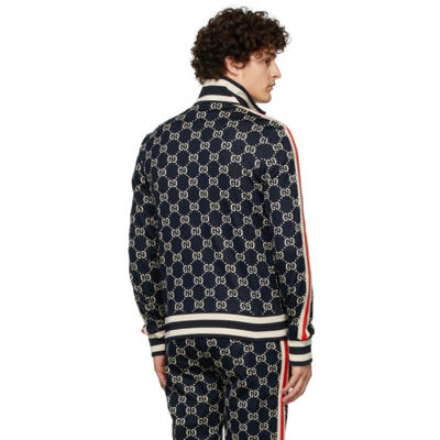 Shop Gucci Navy Cotton Jacquard Gg Jacket In 4245 Caspian/beige/l
