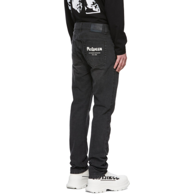 Shop Alexander Mcqueen Grey Embroidered Graffiti Jeans In 1001 Black Washed