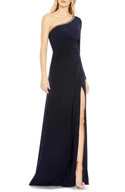Shop Mac Duggal Asymmetric Single Long Sleeve Gown In Midnight