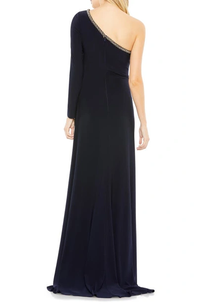 Shop Mac Duggal Asymmetric Single Long Sleeve Gown In Midnight