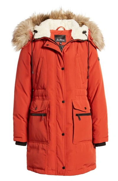 Shop Sam Edelman Hooded Down & Feather Fill Parka With Faux Fur Trim In Furnace