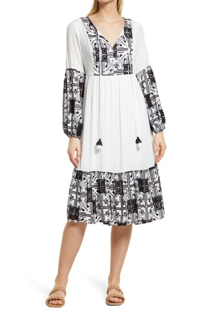 Shop Btfl-life Embroidered Long Sleeve Border Print Shift Dress In Black/ White