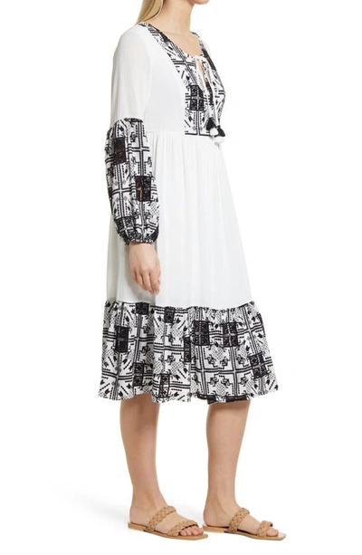 Shop Btfl-life Embroidered Long Sleeve Border Print Shift Dress In Black/ White