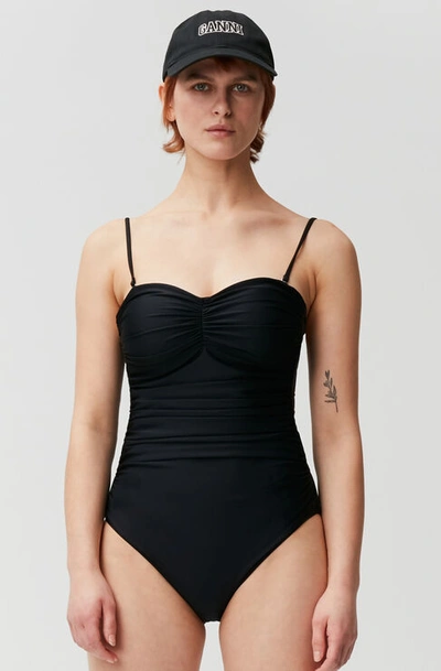Shop Ganni Recycled Solid Core Recycled Core Solid Gathered Swimsuit In Black