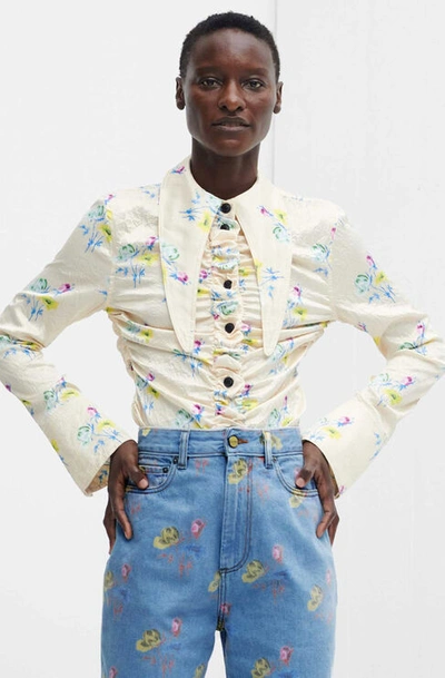 Shop Ganni Crinkled Satin Long Collar Fitted Shirt Floral Rutabaga Size 34