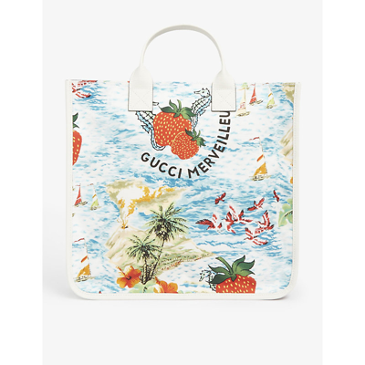 Shop Gucci Kids Strawberry-print Recycled-nylon Tote Bag In Multi