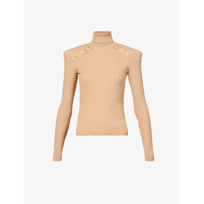 Shop Balmain Turtleneck Embellished Knitted Top In Sable