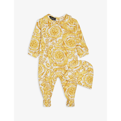 Shop Versace Multi Barocco Graphic-print Stretch-cotton Sleepsuit Set 0-6 Months