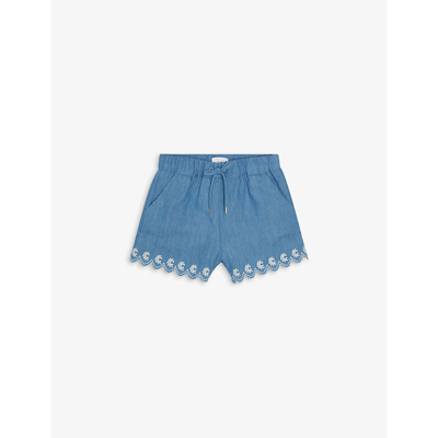 Shop Chloé Floral-embroidered Cotton Shorts 6 Months-3 Years In Denim Light Blue