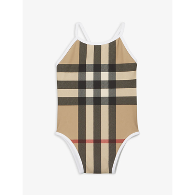 Shop Burberry Archive Beige Ip Chk Sandie Checked Woven Swimsuit 12 Months - 2 Years 18 Months