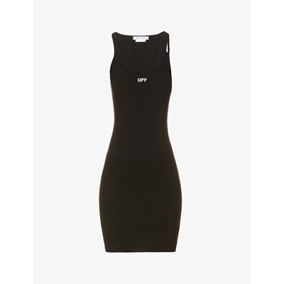 Shop Off-white Branded Ribbed Stretch-cotton Mini Dress In Black