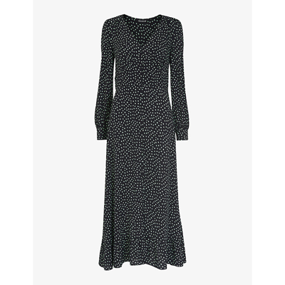 Shop Whistles Women's Black Spotted Button-through Frilled-hem Crepe Midi Dress