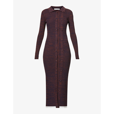 Shop Christopher Esber Double-button Collared Stretch-knit Midi Dress In Maroon