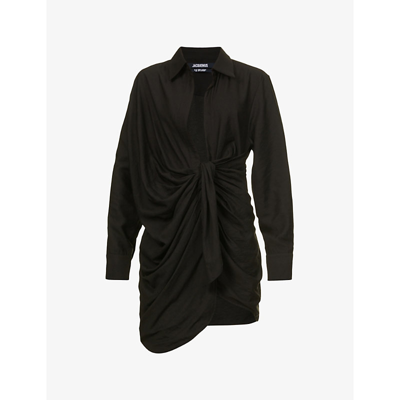 Shop Jacquemus La Robe Bahia Ruched Crepe Mini Dress In Black
