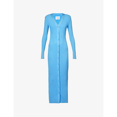 Shop Galvan Rhea Buttoned Knitted Maxi Dress In Electric Blue