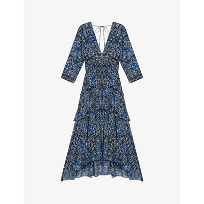 Shop Maje Rufflani Abstract-print Ruffled Crepe Midi Dress In Bleus