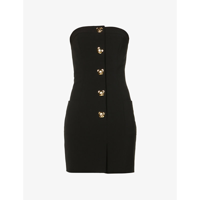 Shop Moschino Bear-buttoned Sleeveless Stretch-woven Mini Dress In Black