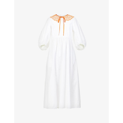 Shop Cecilie Bahnsen Mette Collared Cotton Midi Dress In White/monarch Orange