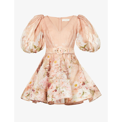 Shop Zimmermann Dancer Puff-sleeved Silk And Linen-blend Mini Dress In Blush Garden Floral