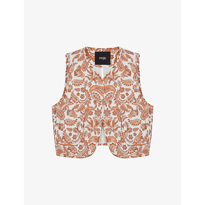 Shop Maje Veracota Paisley-print Padded Cotton And Linen-blend Gilet In Jaunes / Oranges