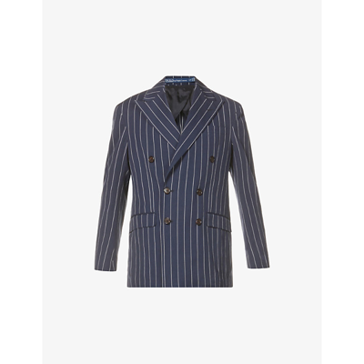 Shop Polo Ralph Lauren Pinstriped Double-breasted Relaxed-fit Cotton And Linen-blend Blazer In Navy
