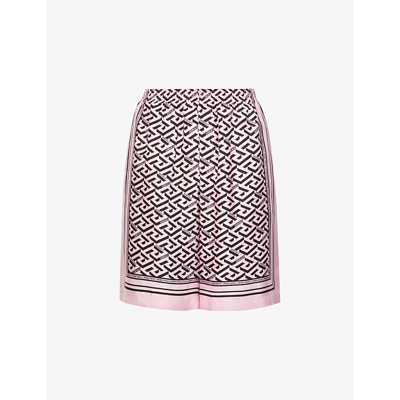 Shop Versace Logo-print Relaxed-fit Silk Shorts In Pink