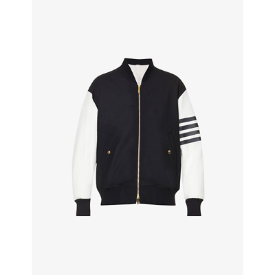 Shop Thom Browne Striped-trim Stand-collar Wool And Leather Bomber Jacket In Navy