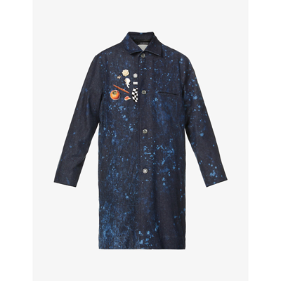 Shop Song For The Mute Embellished Twill-texture Cotton Coat In Indigo