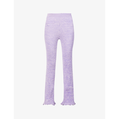 Shop Rabanne Flared High-rise Cotton-knit Trousers In Mouline Ribs