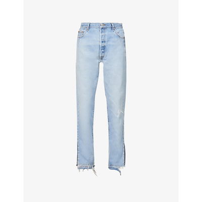 Shop Eb Denim Upcycled Unraveled Split Hem Straight-leg High-rise Jeans In Light Wash